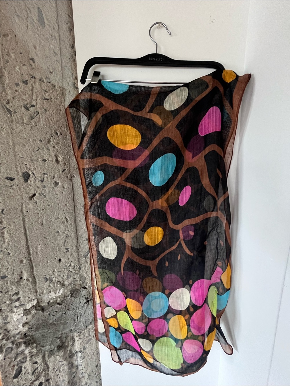 Black & Brown Sheer Scarf with Multicolor Dot & Brown Organic Print